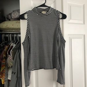Striped High Neck Cold Shoulder Shirt